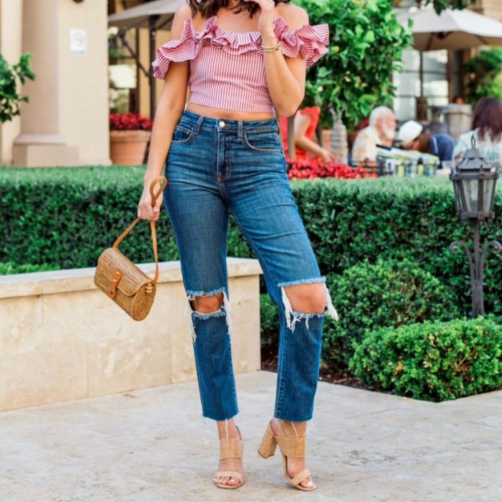 LAGENCE Audrina Straight High Rise Denim Jean Destroyed Ripped Knee 26